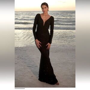 Lulus Glamorous in Glitter Black Long Sleeve Backless Maxi Dress